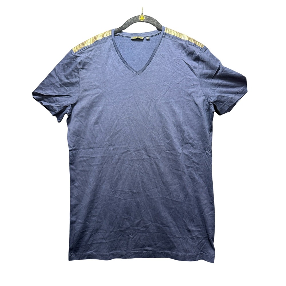 Antony Morato T-Shirt Men Large Blue Gold Shoulder Stripe V-Neck